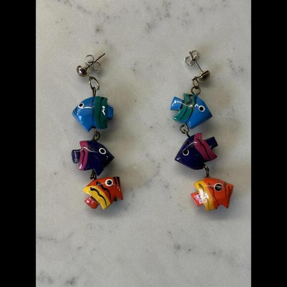 Handmade Vintage 80's Wooden Colorful Fish Dangle Earrings - Picture 4 of 4